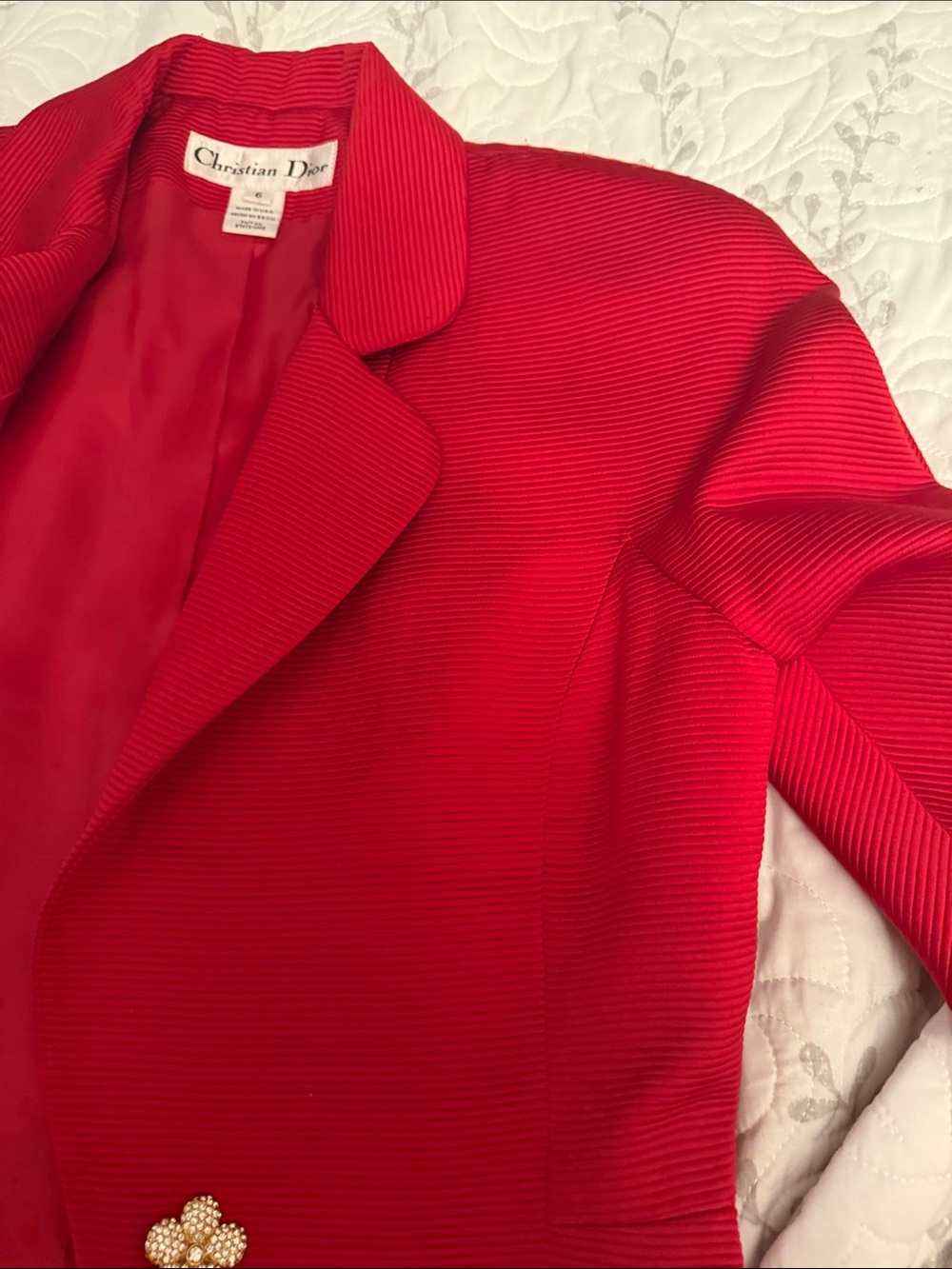 Dior Vibrant Red Women's Tailored Blazer with Floral Button